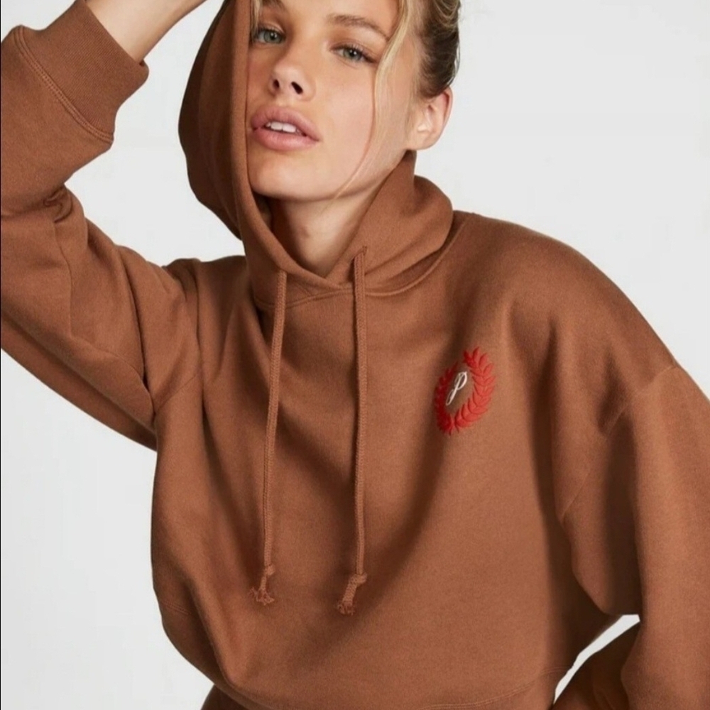 PINK Victoria's Secret Brown Hoodie with Red Embroidered Logo